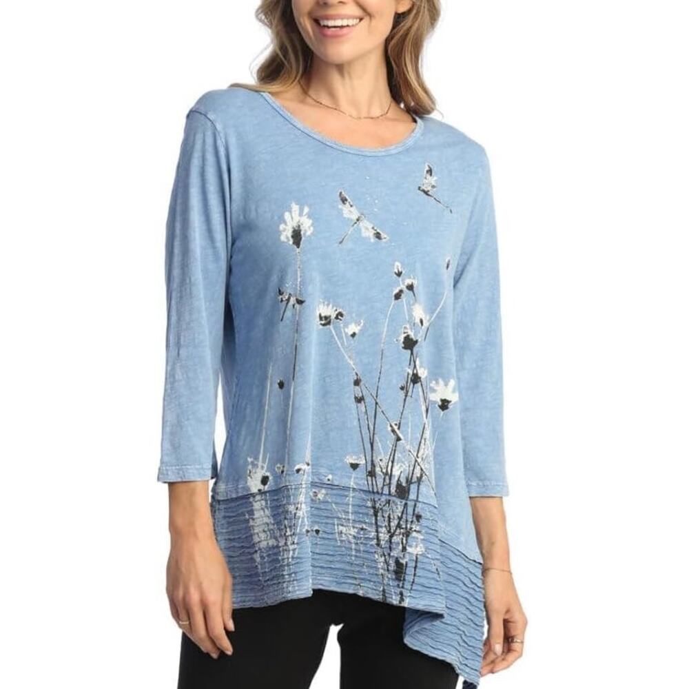 Jess & Jane Blue Tunic Top Small Mineral Washed Floral Asymmetric Tunic Top